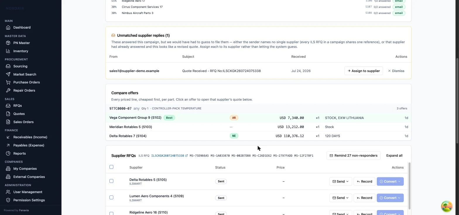 Offer comparison across suppliers before a quote goes back to the customer.