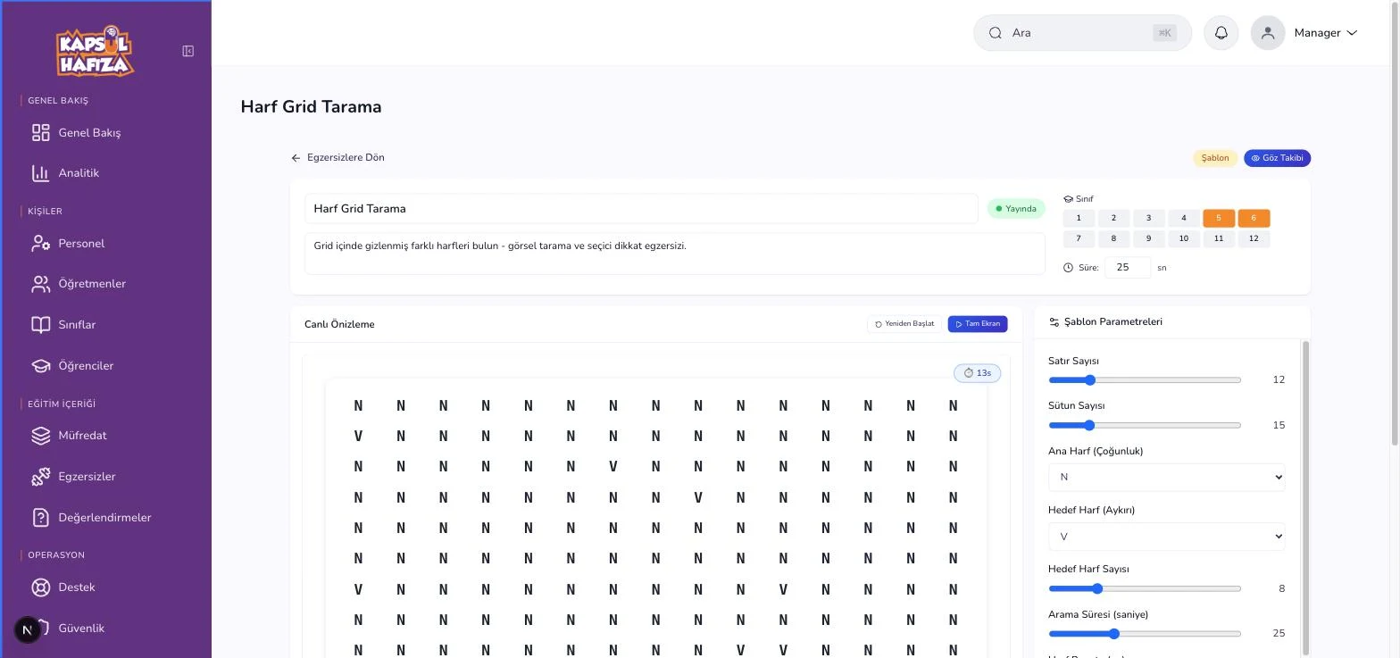 The parametric exercise engine — staff tune parameters against a live preview and publish; 881 exercises come from 52 interactive templates.