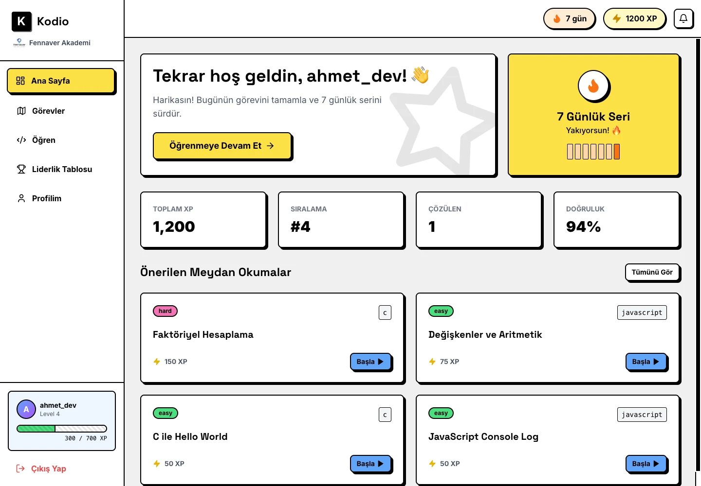 The student dashboard — assignments, streaks and level progress.