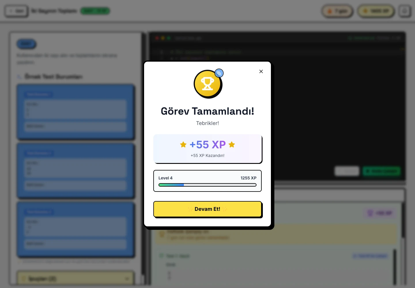 XP scales with difficulty, decays with repeated attempts and pays a speed bonus under five minutes.
