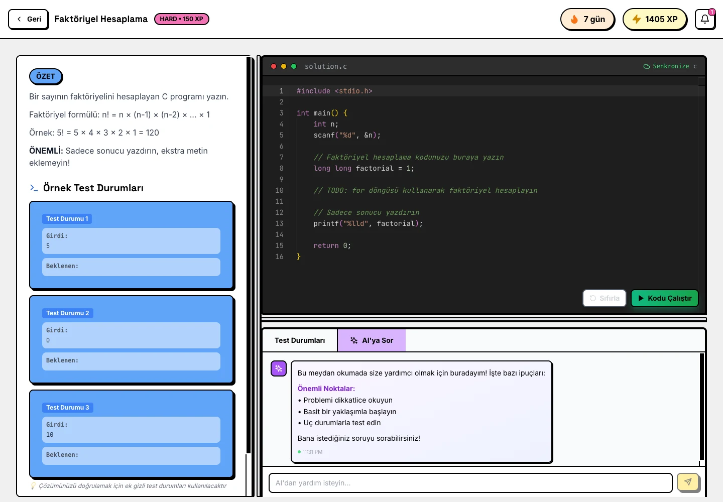 The Socratic tutor receives the challenge, the student's code and their failing tests — and is forbidden from producing a complete solution or revealing hidden tests.
