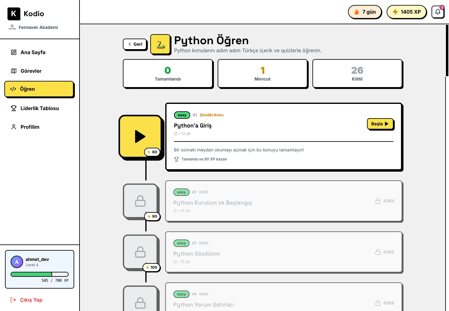 Guided journeys where the next topic unlocks only when both the quiz and the coding challenge are complete.