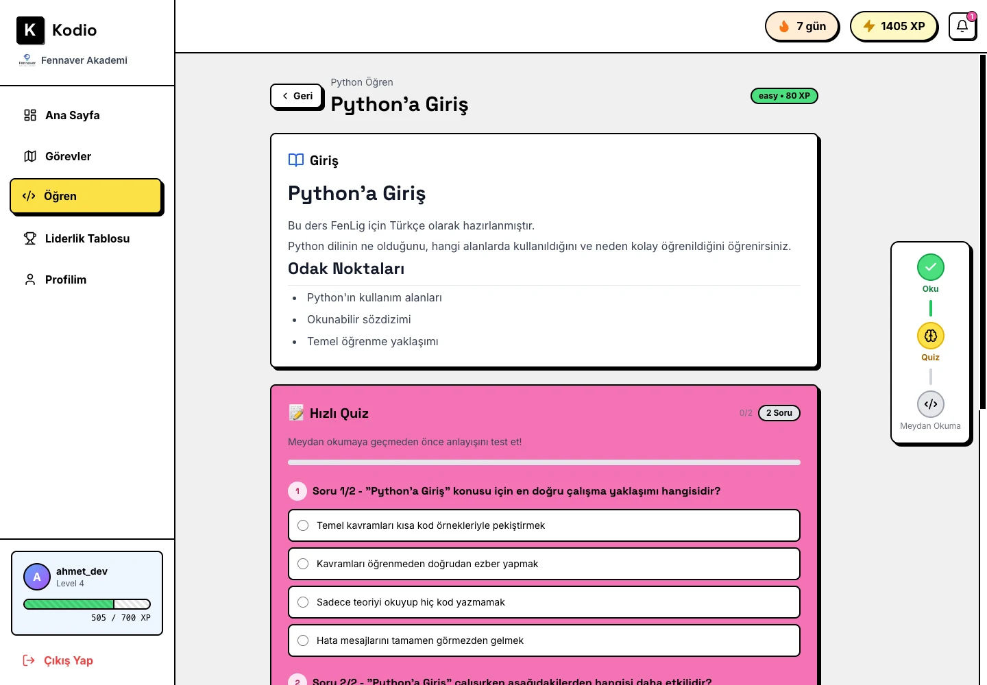 Each topic runs read → quiz → coding challenge.