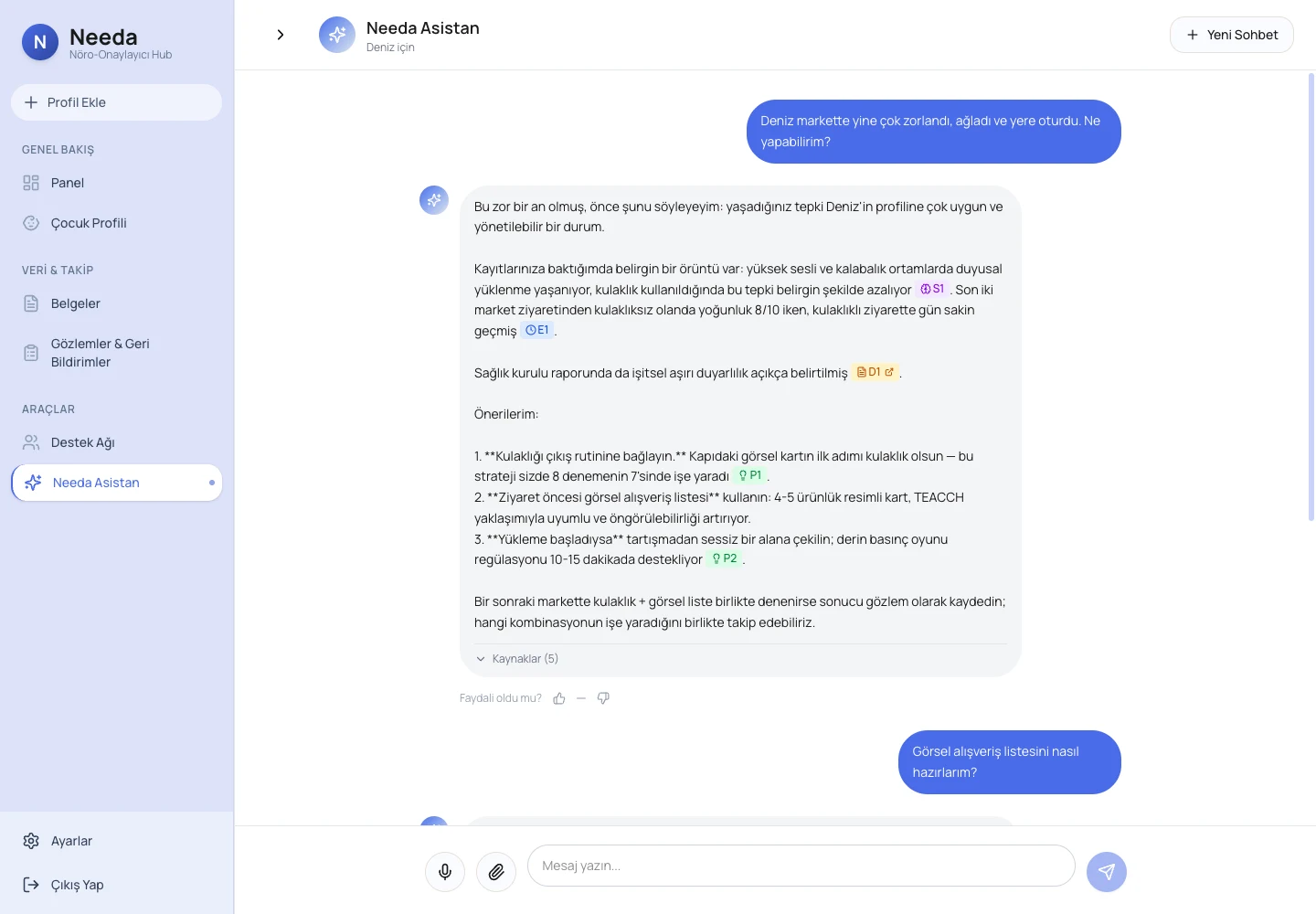 The assistant answers from the family's own history, with inline citation markers that resolve to the exact record behind each claim.