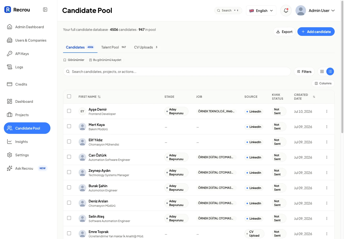 One searchable candidate pool replacing per-recruiter spreadsheets — consent status is a column, not a note in someone's inbox.