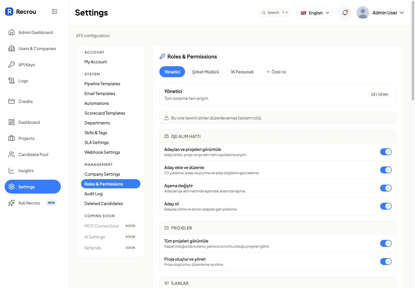 18 discrete permissions resolvable into fully custom roles, on two orthogonal axes — what you may do and where you may do it.