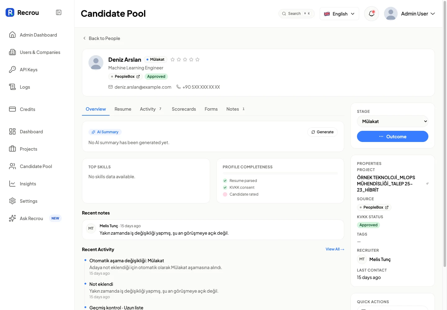 A candidate record parsed from a CV, with pipeline history, consent evidence and activity trail.