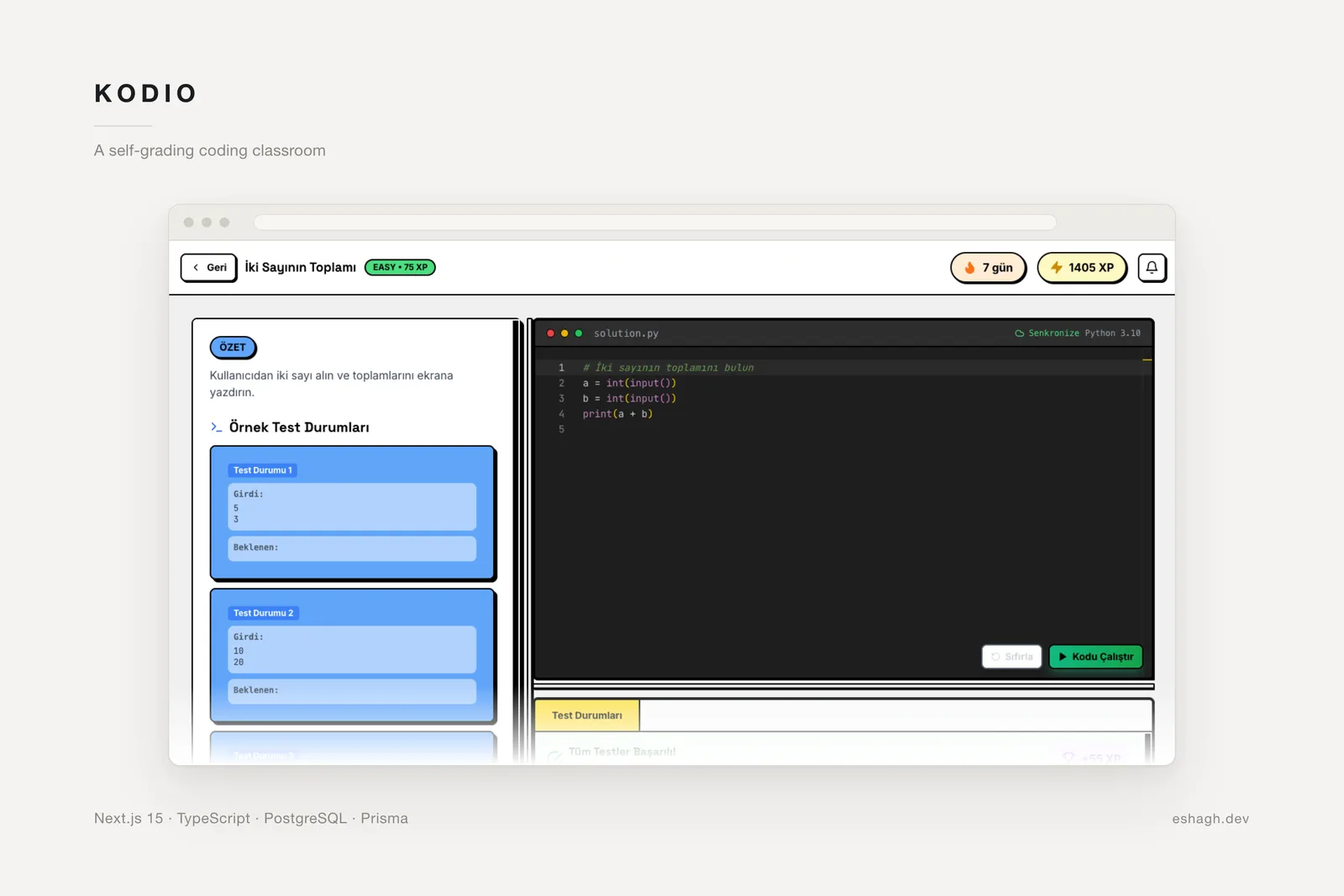 The challenge workspace — task description and sample test cases on the left, a Python editor on the right, and a results panel reporting that every test passed along with the XP awarded